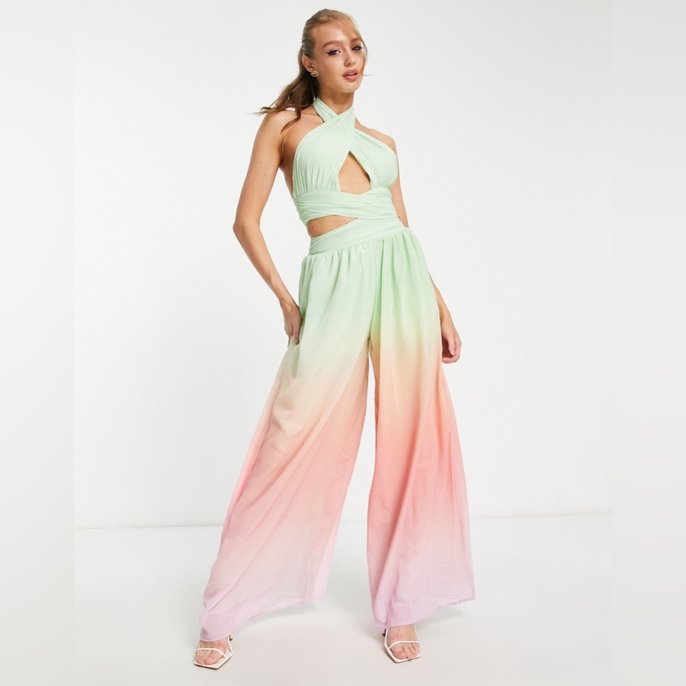 🆕(NWT) ASOS DESIGN Halter Ruched Jumpsuit with Cut Out in Ombre. US 10